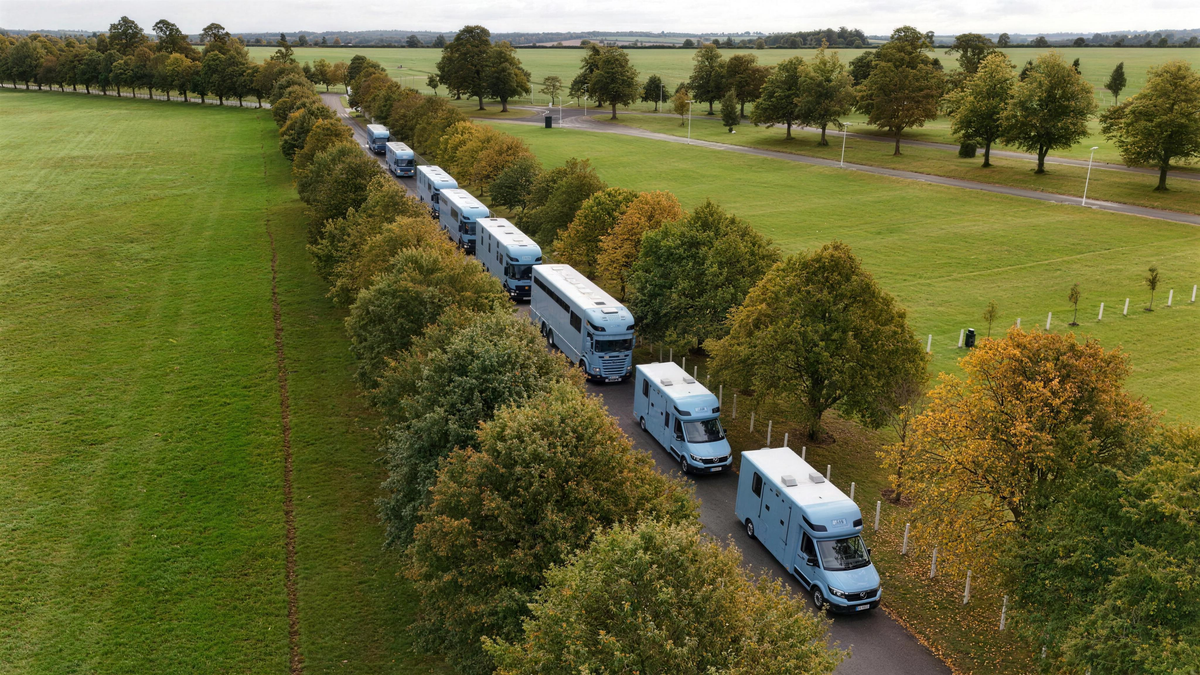 NRT horseboxes lined up along the Newmarket gallops