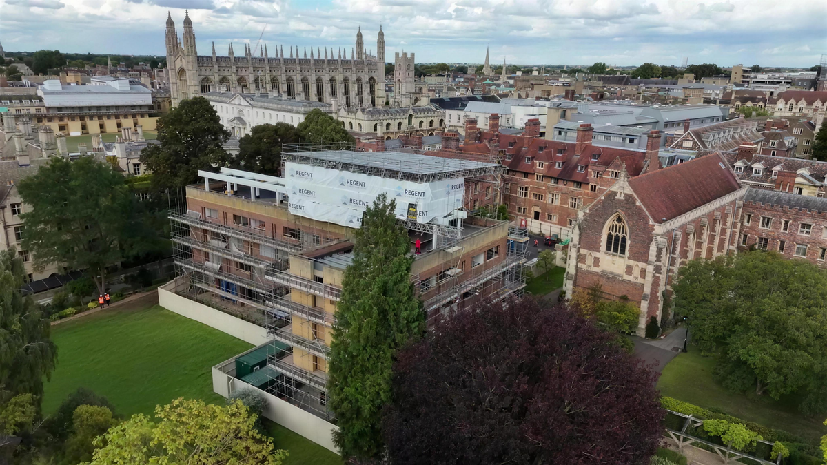 Regent Construction scaffolding over a listed Cambridge college, with King's College Chapel behind