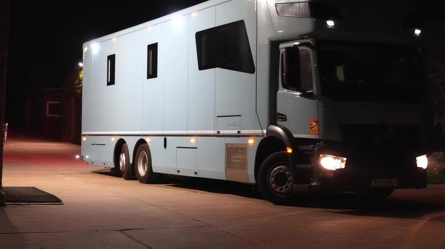 An NRT horsebox lit up at night, ramp down, ready to leave